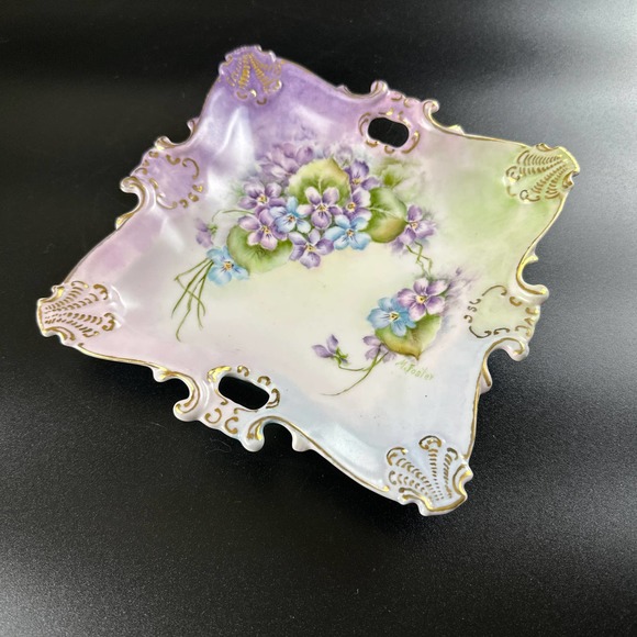 Vintage Porcelain Square China Plate - Hand-Painted Blue Purple Violet Flowers - Picture 1 of 10